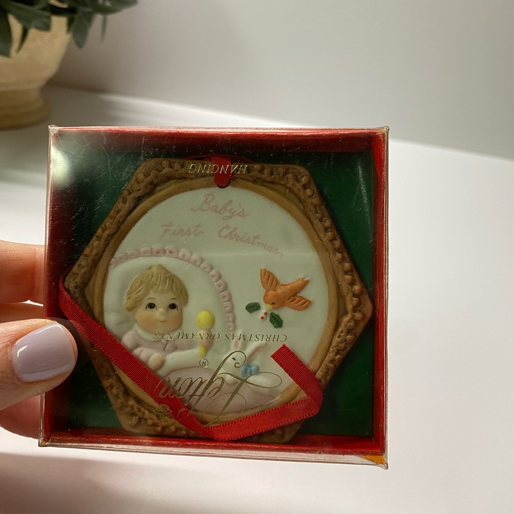Lefton 1987 Grandchild’s First Christmas ornament in pink